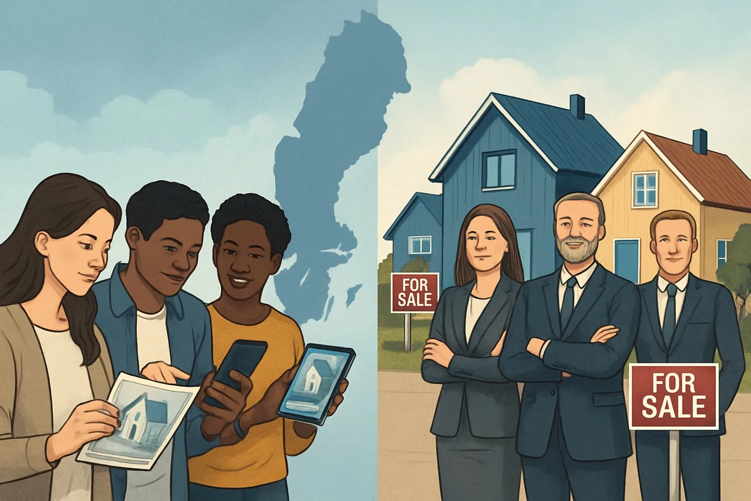 En illustration som visar bostadsmarknaden i Sverige med köpare på ena sidan och säljare framför hus på den andra sidan, med en karta av Sverige i bakgrunden.